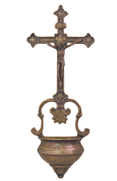 Antique Bronze Holy Water Font, Jesus Cross Crucifix Holy Water Font, Wall Holy Water Font With Cherubs shops and Crucifix