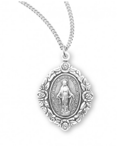 Madonna Sterling Silver  Miraculous Medal On Chain 1-1/4"