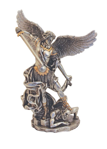 Saint Michael In Pewter Color With Hand Painted Gold Accents