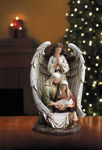 Holy Family Nativity Scene With Angel Statue