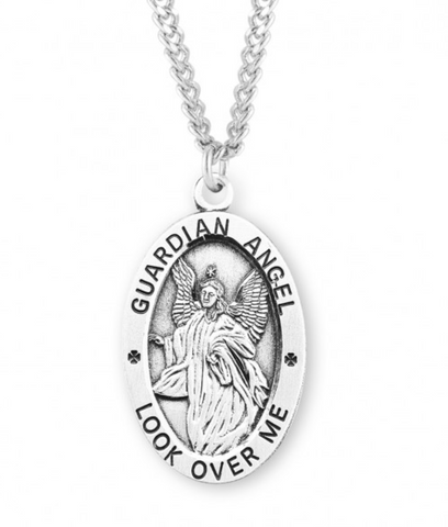 Guardian Angel Watch Over Me Oval Sterling Silver Devotion Medal On Chain