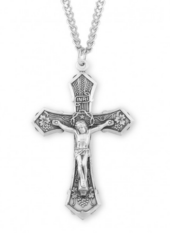 Jesus Grapes And Wheat Sterling Silver Crucifix On Chain