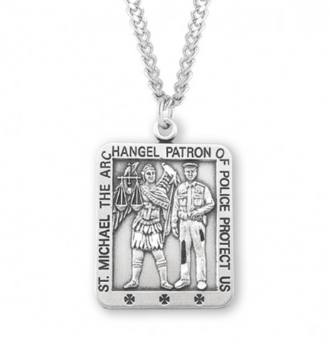 Saint Michael Square Sterling Silver Medal On Chain Special Protection Police